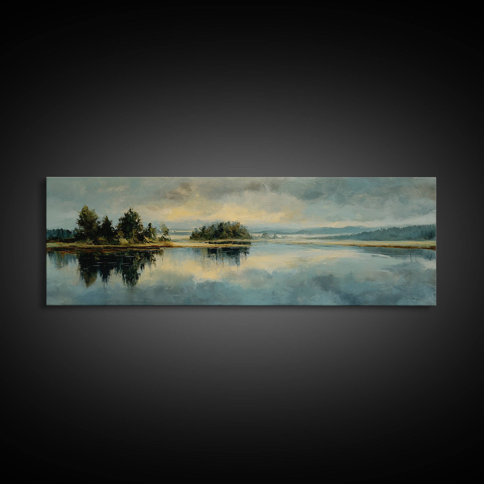 Calming Lake Reflection Framed Canvas Print, Above Bed Art, Bedroom Decor, Oil Painting, Serenity, Canvas Wall Art, ABA-3x1-99