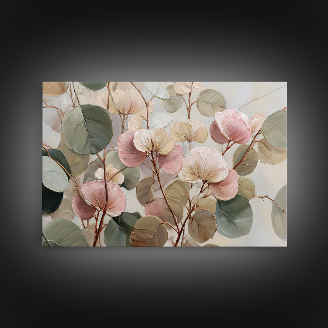 Soft Eucalyptus Branches Arranged Symmetrically Canvas Print, Above Bed Art, Textured Wall Art, Bedroom Decor, Serenity, ABA-3x2-10