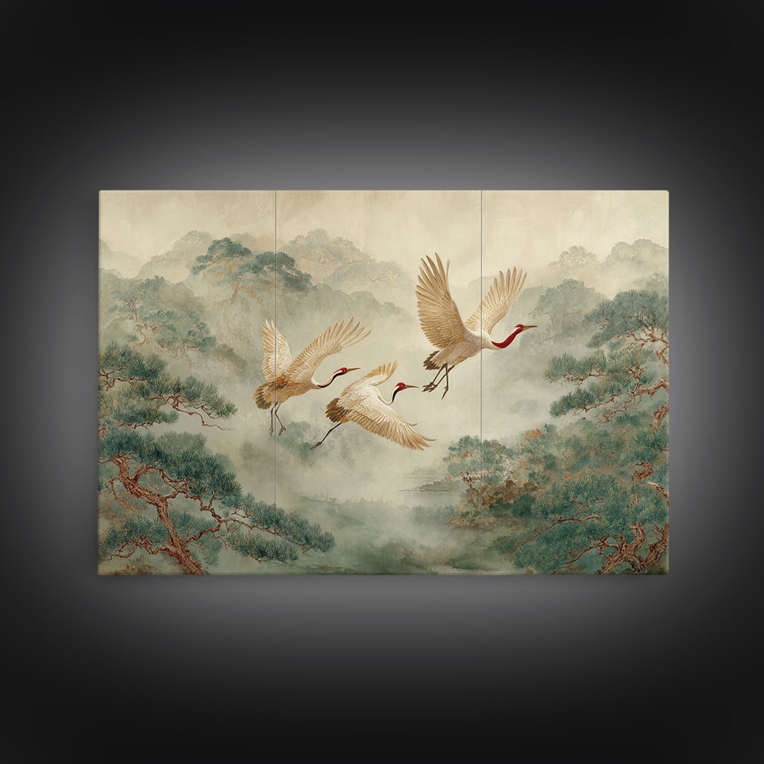 Ethereal Cranes Flying Through Pale Morning Mist Canvas Print, Above Bed Art, Living Room Decor, Bedroom Decor, Serenity, ABA-3x2-13