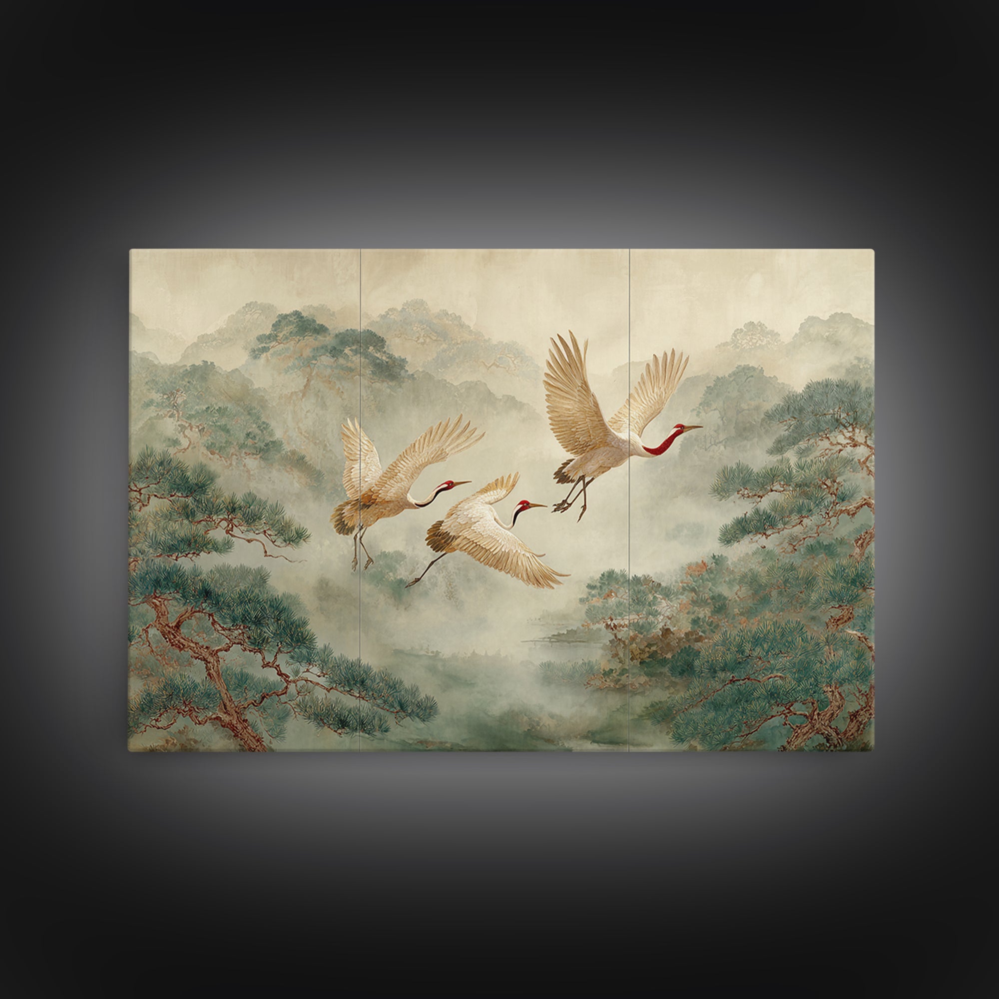 Ethereal Cranes Flying Through Pale Morning Mist Canvas Print, Above Bed Art, Living Room Decor, Bedroom Decor, Serenity, ABA-3x2-13