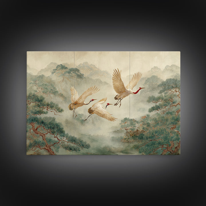 Ethereal Cranes Flying Through Pale Morning Mist Canvas Print, Above Bed Art, Living Room Decor, Bedroom Decor, Serenity, ABA-3x2-13