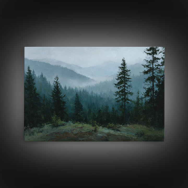 Quiet Forest Ridge Softened by Fog Framed Canvas Print, Above Bed Art, Large Wall Art, Bedroom Decor, Fine Art, Serenity, ABA-3x2-18