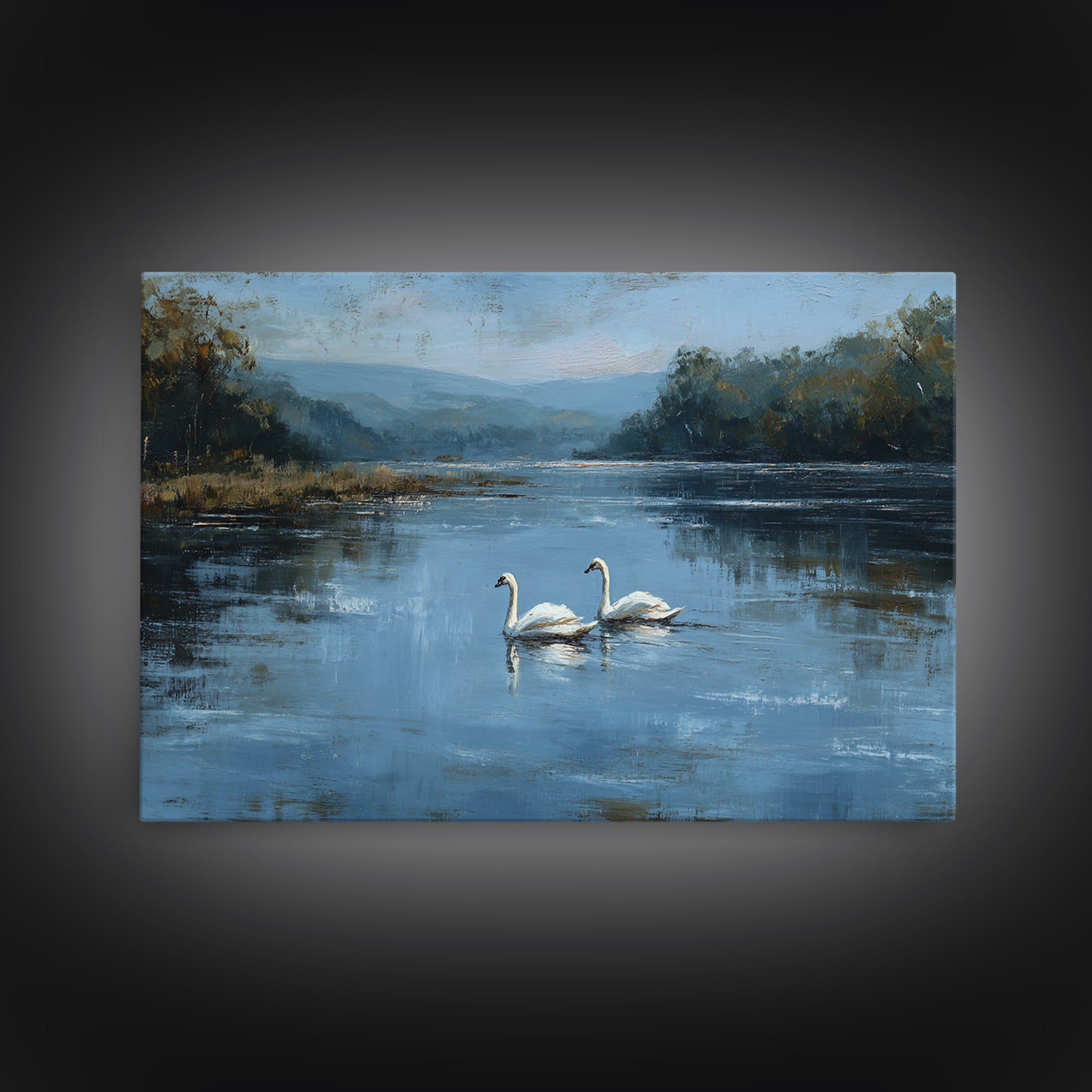Paired Swans in a Dreamy Painterly Lake Framed Canvas Print, Above Bed Art, Printable Wall Art, Bedroom Decor, Serenity, ABA-3x2-2