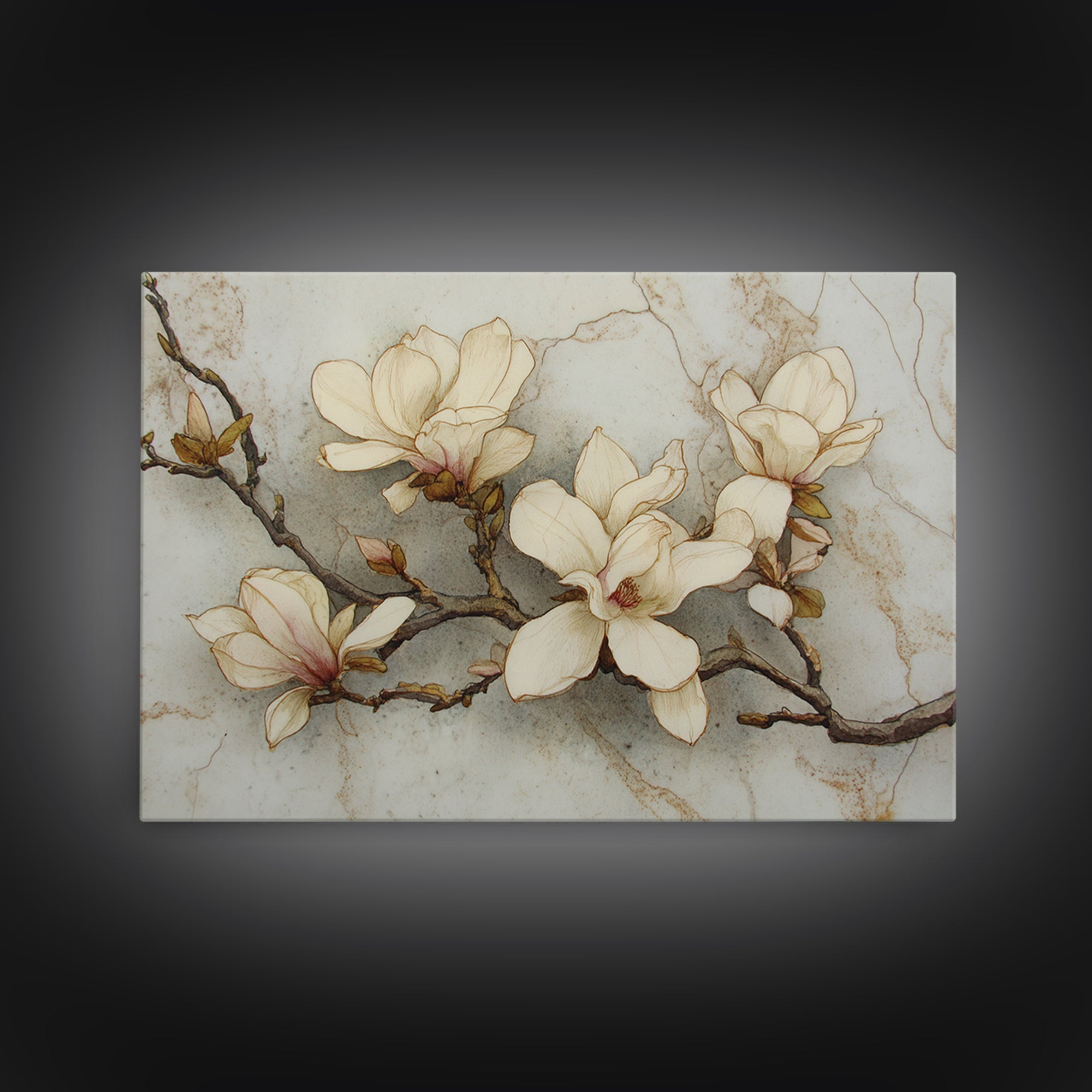 Delicate Magnolia Branch on Cream Background Framed Canvas Print, Above Bed Art, Printable Art, Bedroom Decor, Watercolor Art, ABA-3x2-20