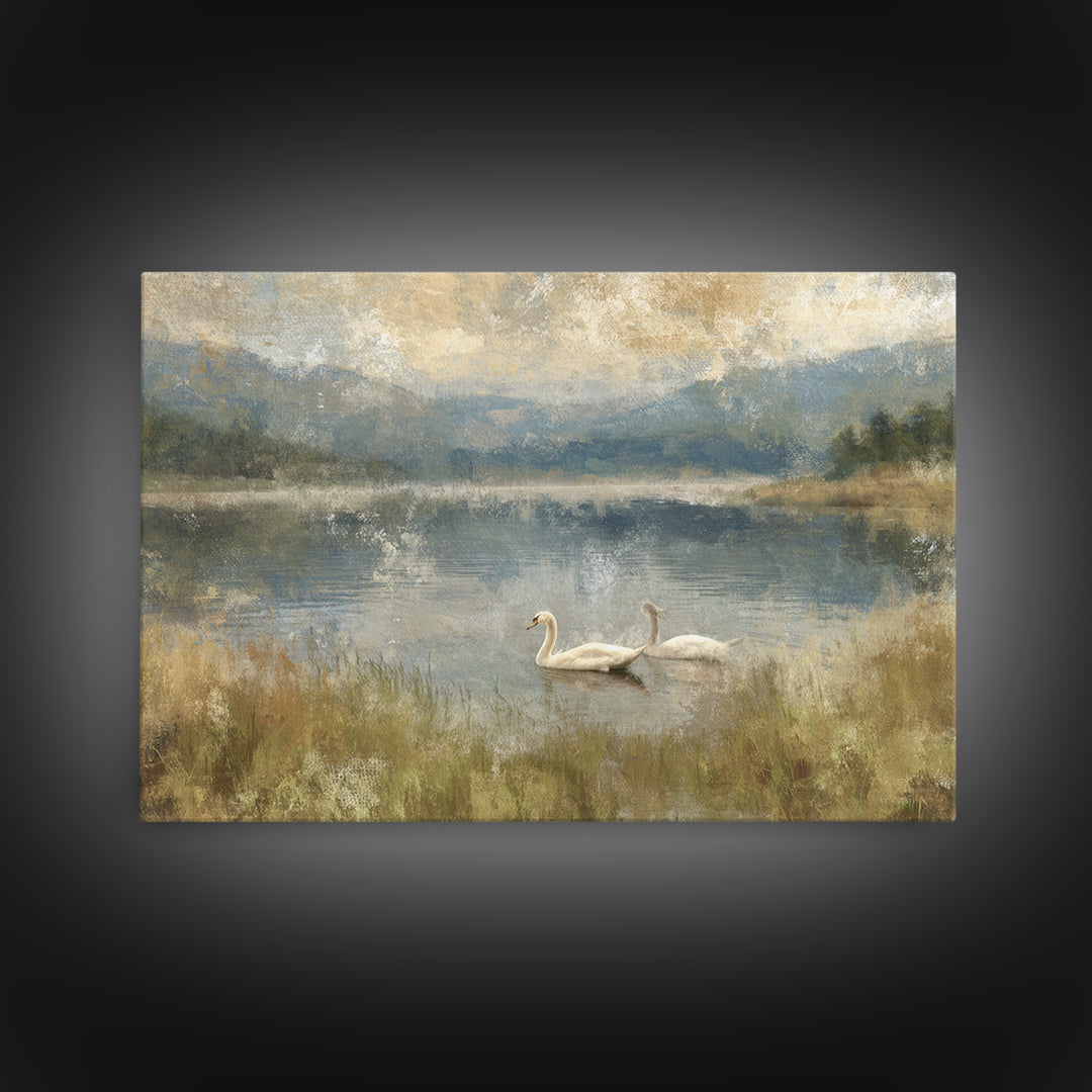 Paired Swans in a Dreamy Painterly Lake Canvas Print, Above Bed Art, Canvas Wall Art, Bedroom Decor, Watercolor Art, Serenity, ABA-3x2-26