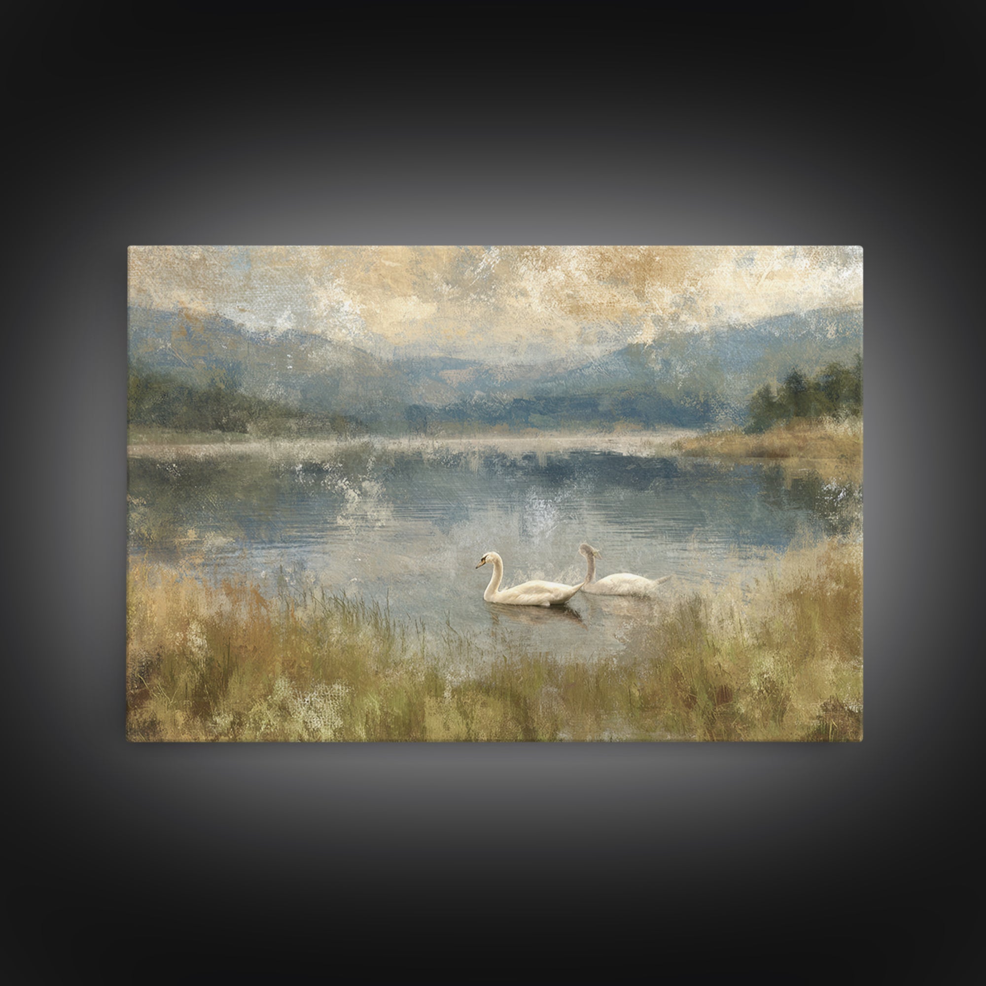 Paired Swans in a Dreamy Painterly Lake Canvas Print, Above Bed Art, Canvas Wall Art, Bedroom Decor, Watercolor Art, Serenity, ABA-3x2-26