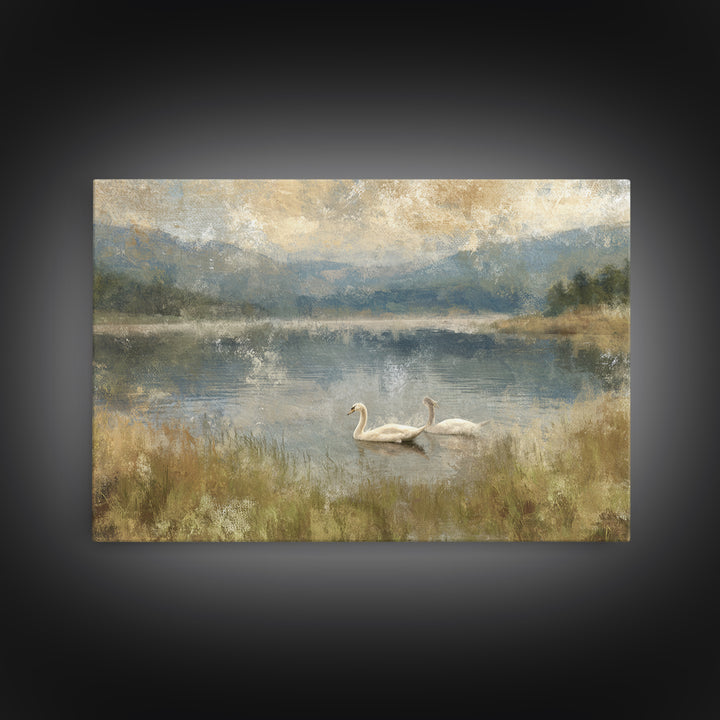 Paired Swans in a Dreamy Painterly Lake Canvas Print, Above Bed Art, Canvas Wall Art, Bedroom Decor, Watercolor Art, Serenity, ABA-3x2-26