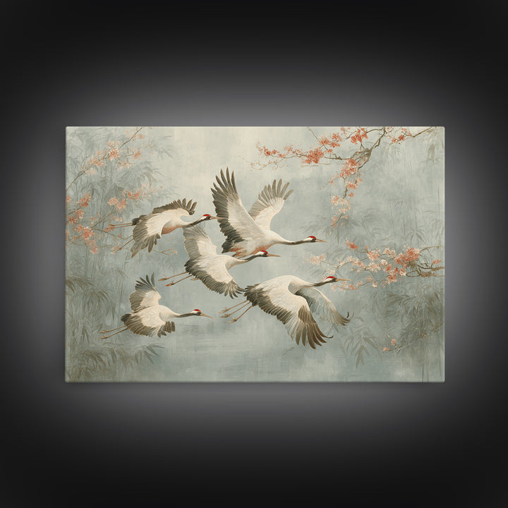 Ethereal Cranes Flying Through Pale Morning Mist Canvas Print, Above Bed Art, Sage Green Wall Art, Bedroom Decor, Oil Painting, ABA-3x2-37
