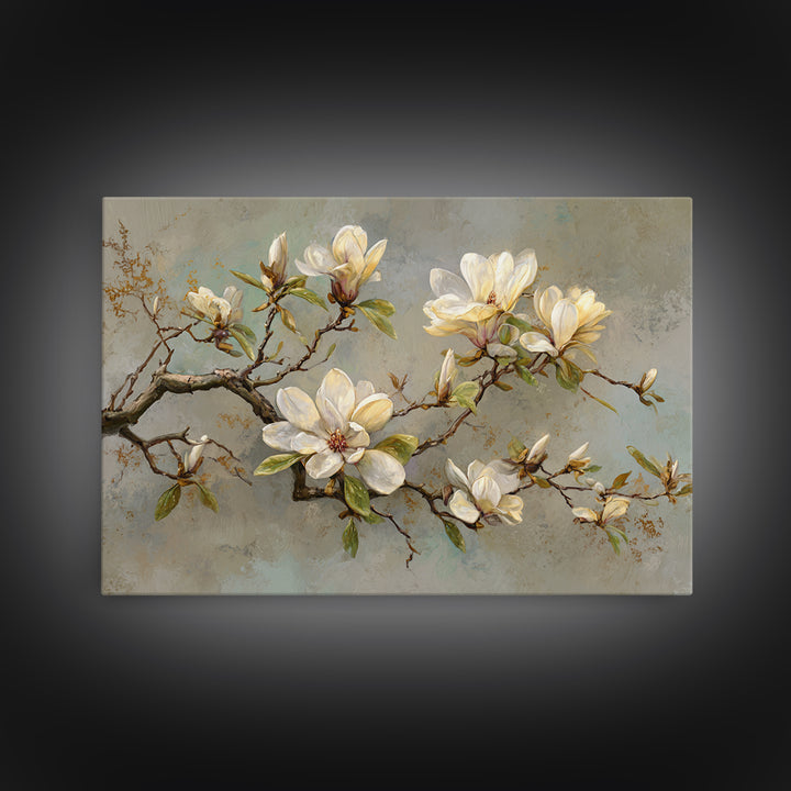 Delicate Magnolia Branch on Cream Background Canvas Print, Above Bed Art, Japanese Wall Art, Bedroom Decor, Fine Art, Serenity, ABA-3x2-44