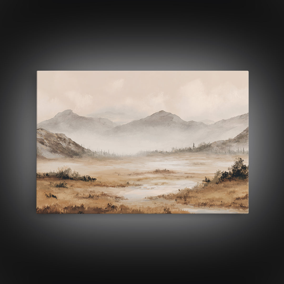 Panoramic Misty Mountain Landscape Framed Canvas Print, Above Bed Art, Dopamine Decor, Bedroom Decor, Oil Painting, Serenity, ABA-3x2-5