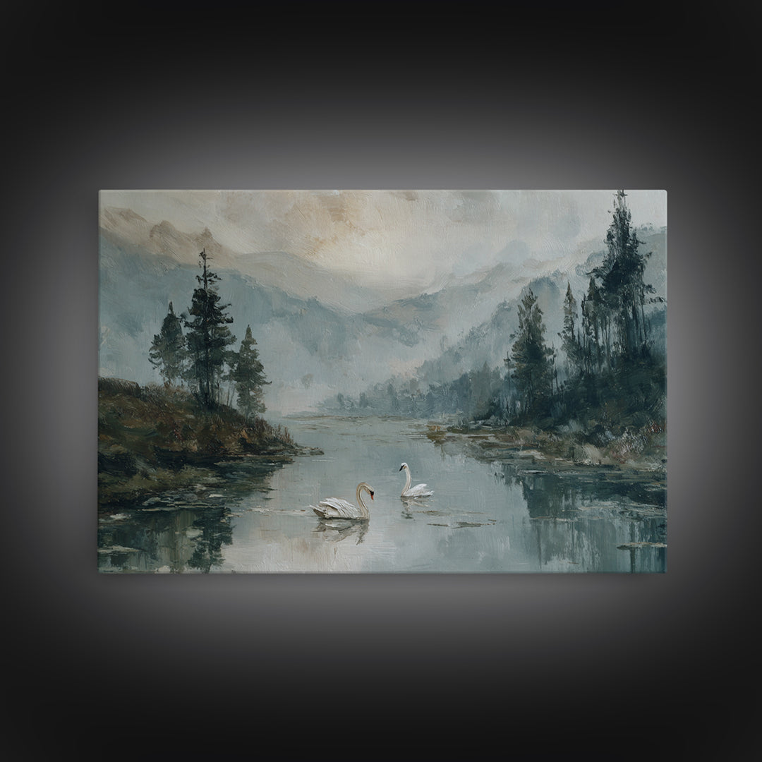 Paired Swans in a Dreamy Painterly Lake Framed Canvas Print, Above Bed Art, Living Room Decor, Bedroom Decor, Serenity, ABA-3x2-50
