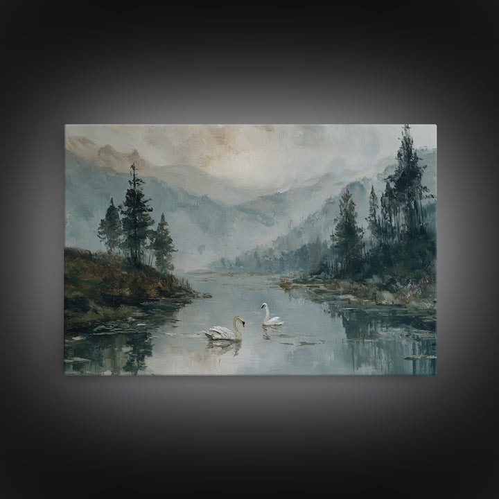 Paired Swans in a Dreamy Painterly Lake Framed Canvas Print, Above Bed Art, Living Room Decor, Bedroom Decor, Serenity, ABA-3x2-50
