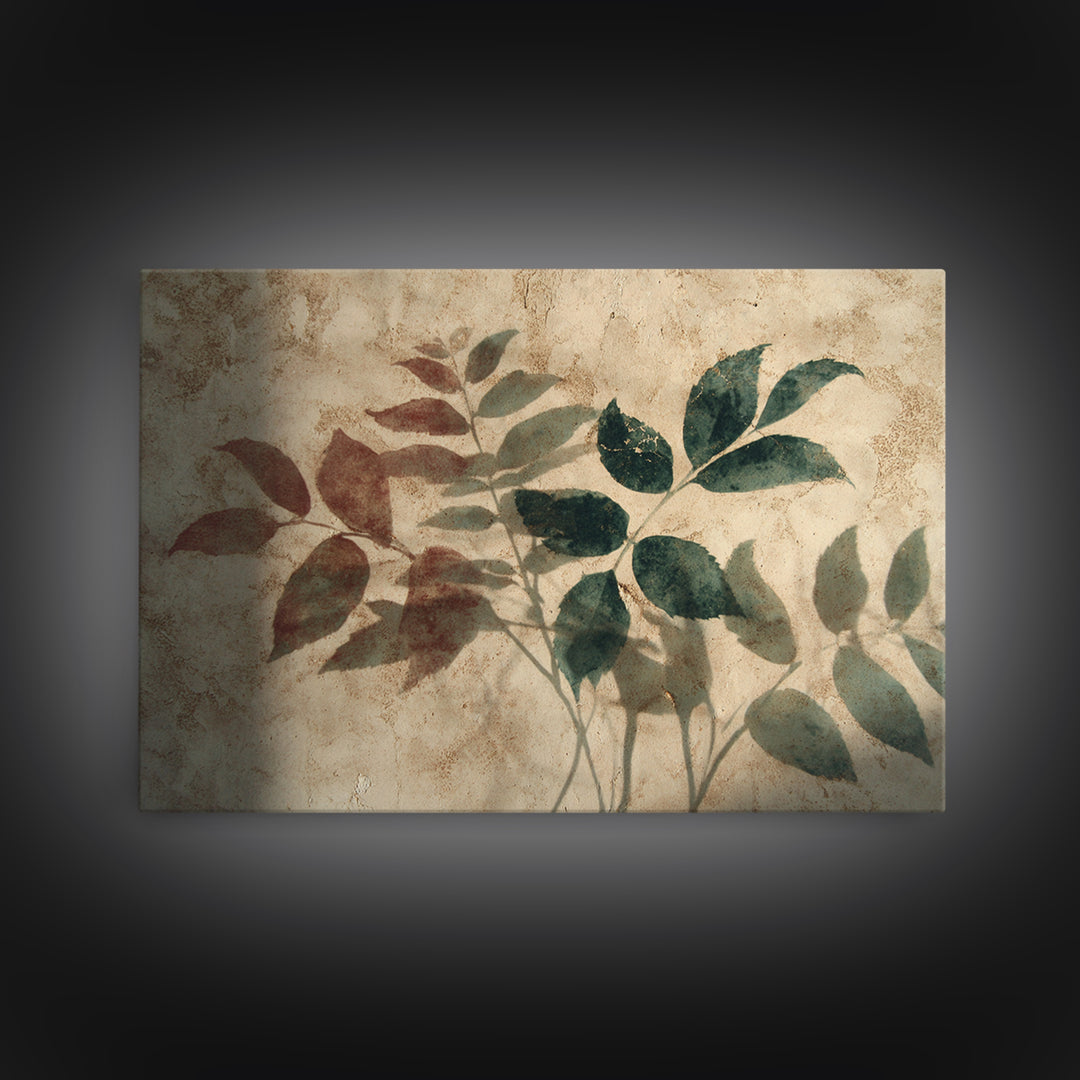Tonal Botanical Shadows on Plaster Surface Canvas Print, Above Bed Art, Living Room Wall Art, Bedroom Decor, Oil Painting, ABA-3x2-51