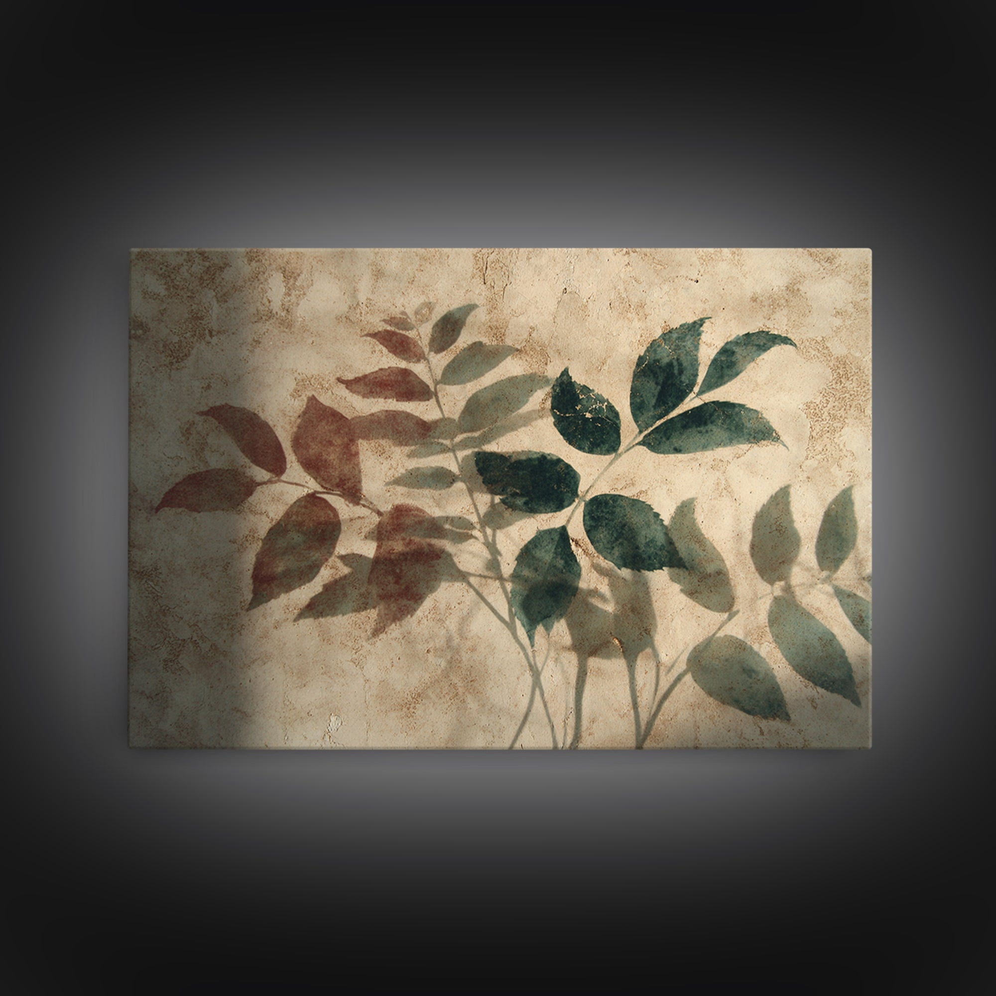 Tonal Botanical Shadows on Plaster Surface Canvas Print, Above Bed Art, Living Room Wall Art, Bedroom Decor, Oil Painting, ABA-3x2-51
