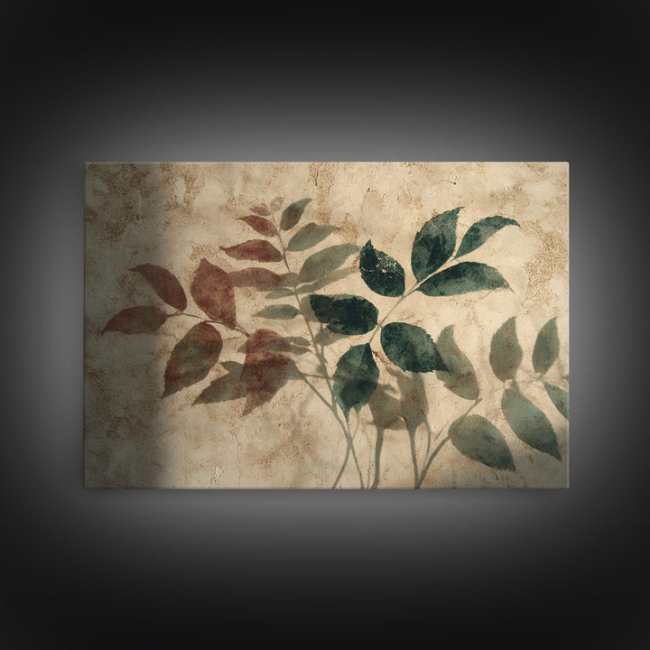 Tonal Botanical Shadows on Plaster Surface Canvas Print, Above Bed Art, Living Room Wall Art, Bedroom Decor, Oil Painting, ABA-3x2-51