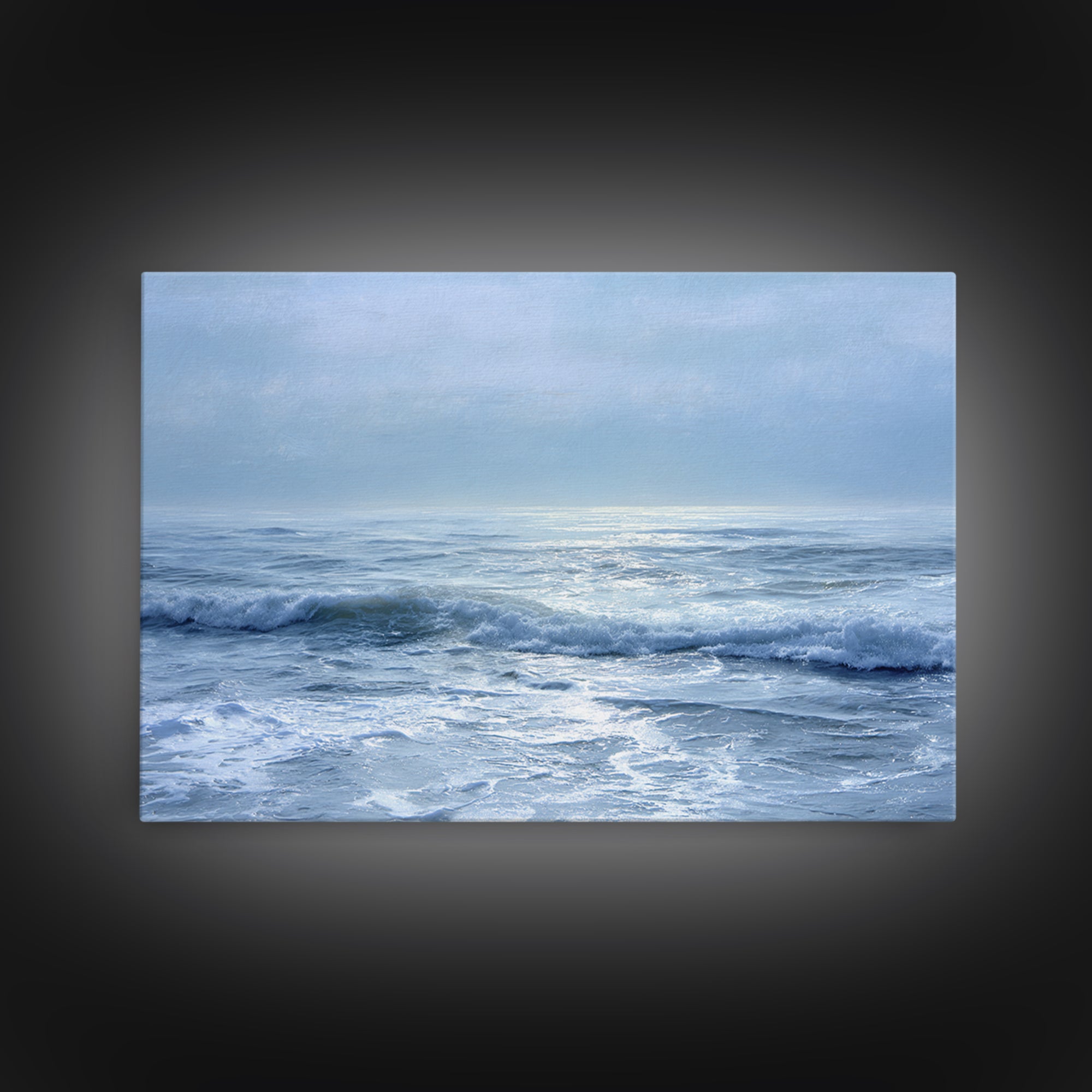 Quiet Moon over a Calm Ocean Horizon Framed Canvas Print, Above Bed Art, Digital Art, Bedroom Decor, Fine Art, Serenity, ABA-3x2-55