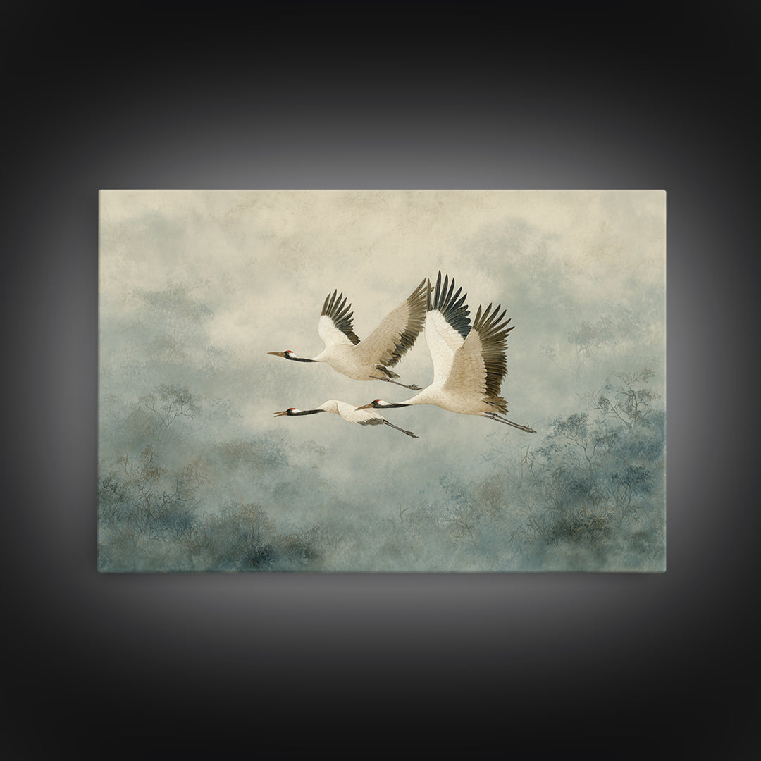 Ethereal Cranes Flying Through Pale Morning Mist Canvas Print, Above Bed Art, Sage Green Wall Art, Bedroom Decor, Oil Painting, ABA-3x2-61