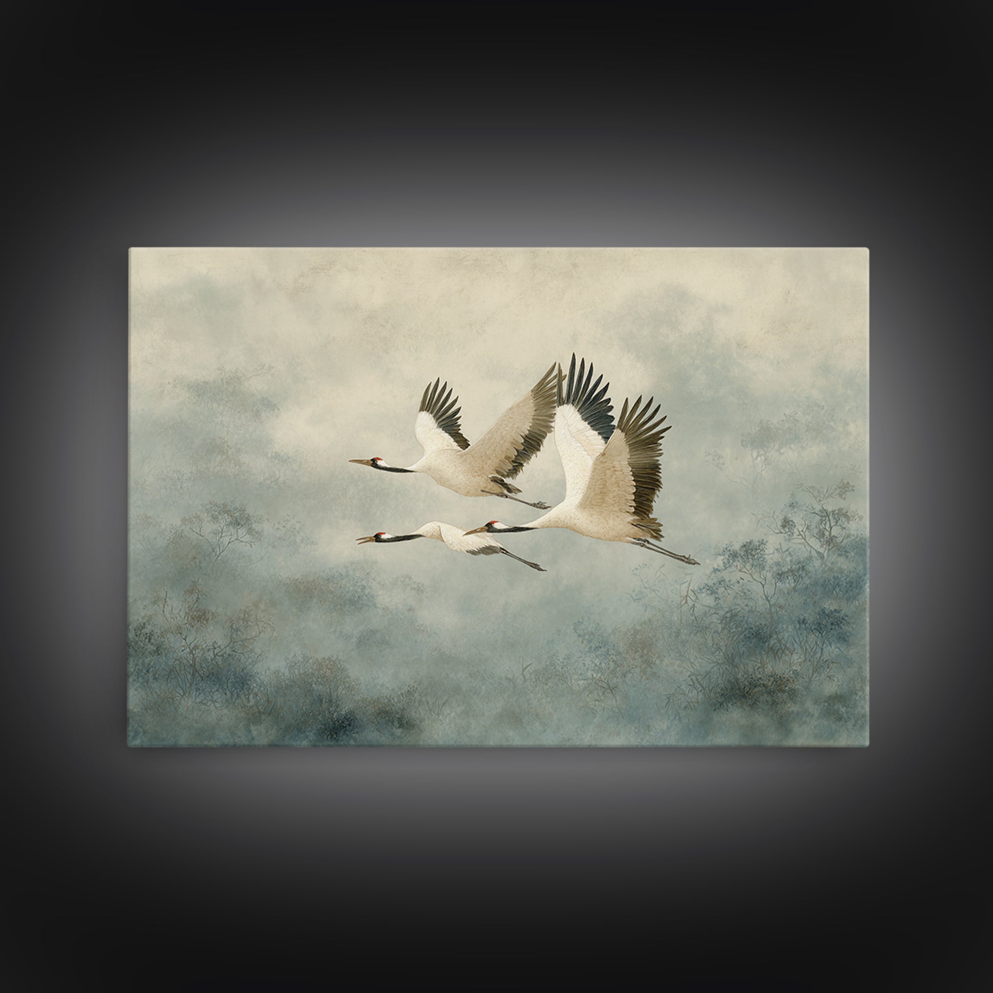 Ethereal Cranes Flying Through Pale Morning Mist Canvas Print, Above Bed Art, Sage Green Wall Art, Bedroom Decor, Oil Painting, ABA-3x2-61