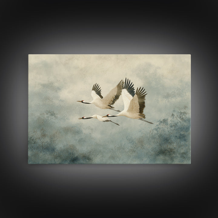 Ethereal Cranes Flying Through Pale Morning Mist Canvas Print, Above Bed Art, Sage Green Wall Art, Bedroom Decor, Oil Painting, ABA-3x2-61