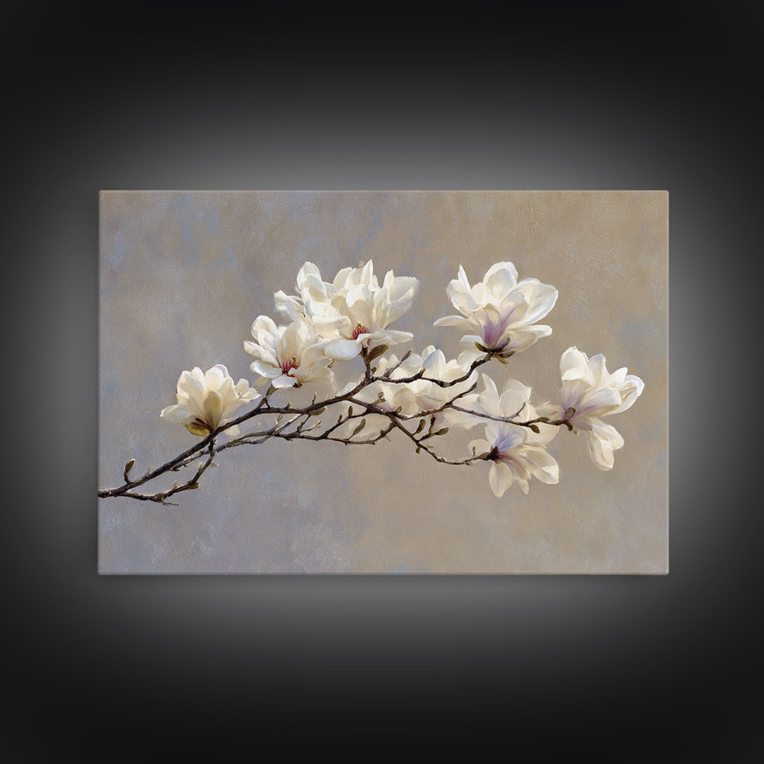 Delicate Magnolia Branch on Cream Background Canvas Print, Above Bed Art, Gallery Decor, Bedroom Decor, Oil Painting, Serenity, ABA-3x2-68
