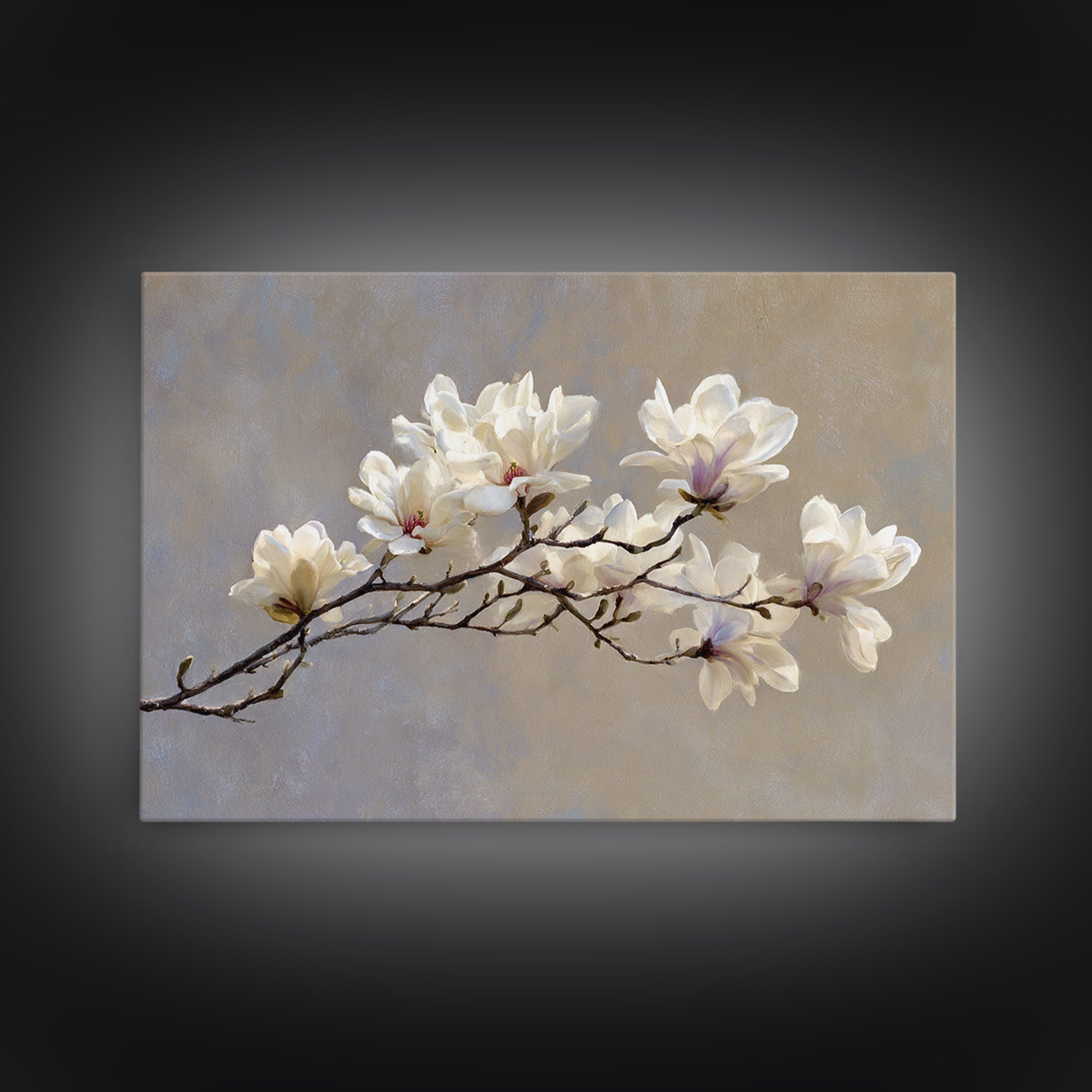 Delicate Magnolia Branch on Cream Background Canvas Print, Above Bed Art, Gallery Decor, Bedroom Decor, Oil Painting, Serenity, ABA-3x2-68