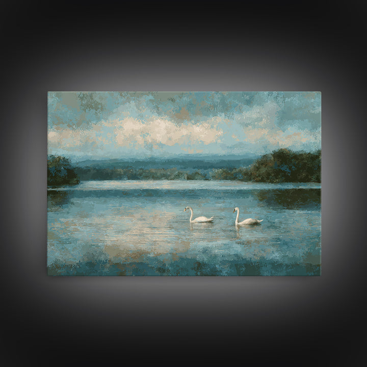 Paired Swans in a Dreamy Painterly Lake Framed Canvas Print, Above Bed Art, Living Room Decor, Bedroom Decor, Serenity, ABA-3x2-74