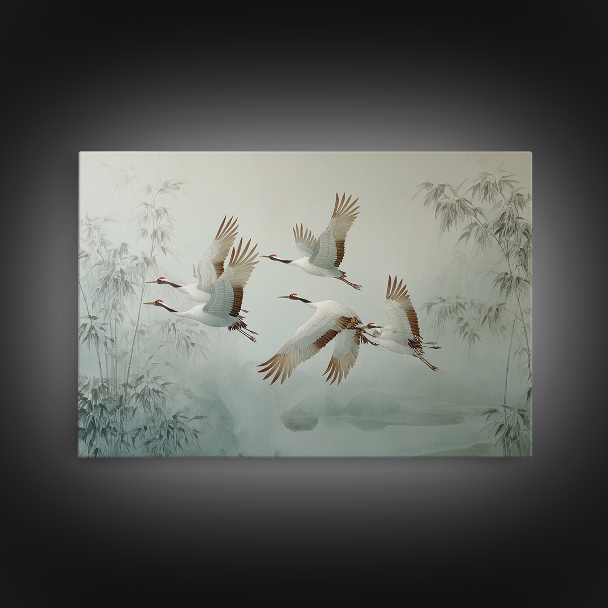 Ethereal Cranes Flying Through Pale Morning Mist Framed Canvas Print, Above Bed Art, Bedroom Wall Art, Bedroom Decor, Serenity, ABA-3x2-85