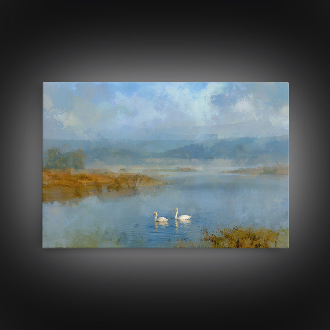 Paired Swans in a Dreamy Painterly Lake Canvas Print, Above Bed Art, Sage Green Wall Art, Bedroom Decor, Oil Painting, Serenity, ABA-3x2-98