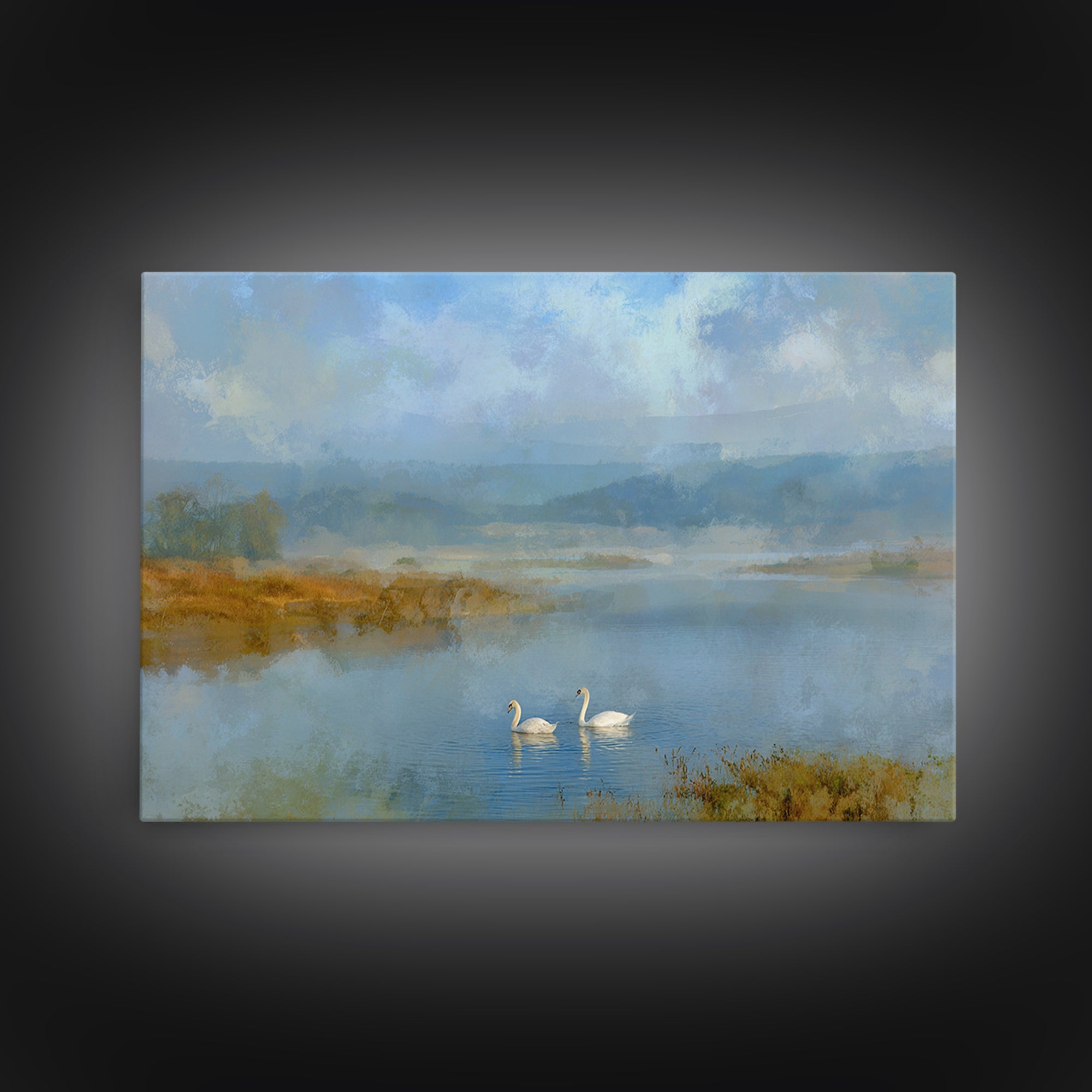 Paired Swans in a Dreamy Painterly Lake Canvas Print, Above Bed Art, Sage Green Wall Art, Bedroom Decor, Oil Painting, Serenity, ABA-3x2-98