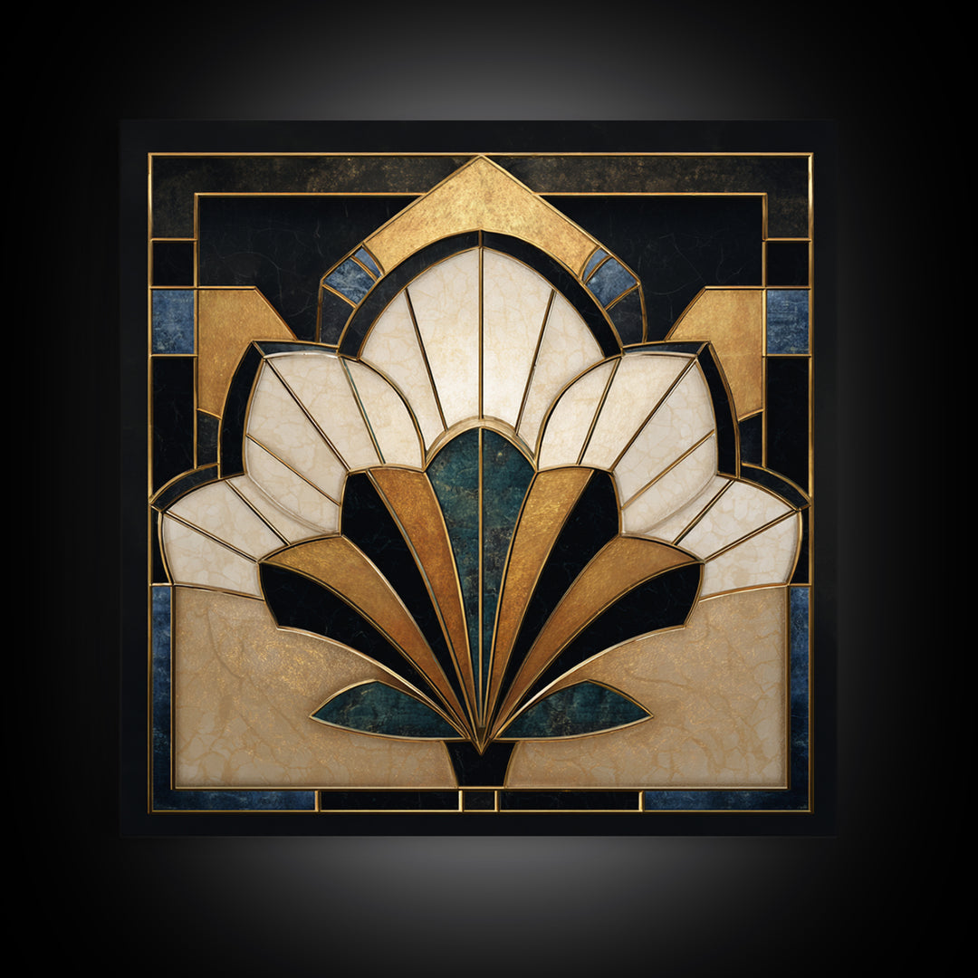 Geometric Lotus Flower Framed Canvas Print, Art Deco Art, Art, Living Room Decor, Oil Painting, Glamour, Art Nouveau, ADA-1x1-12