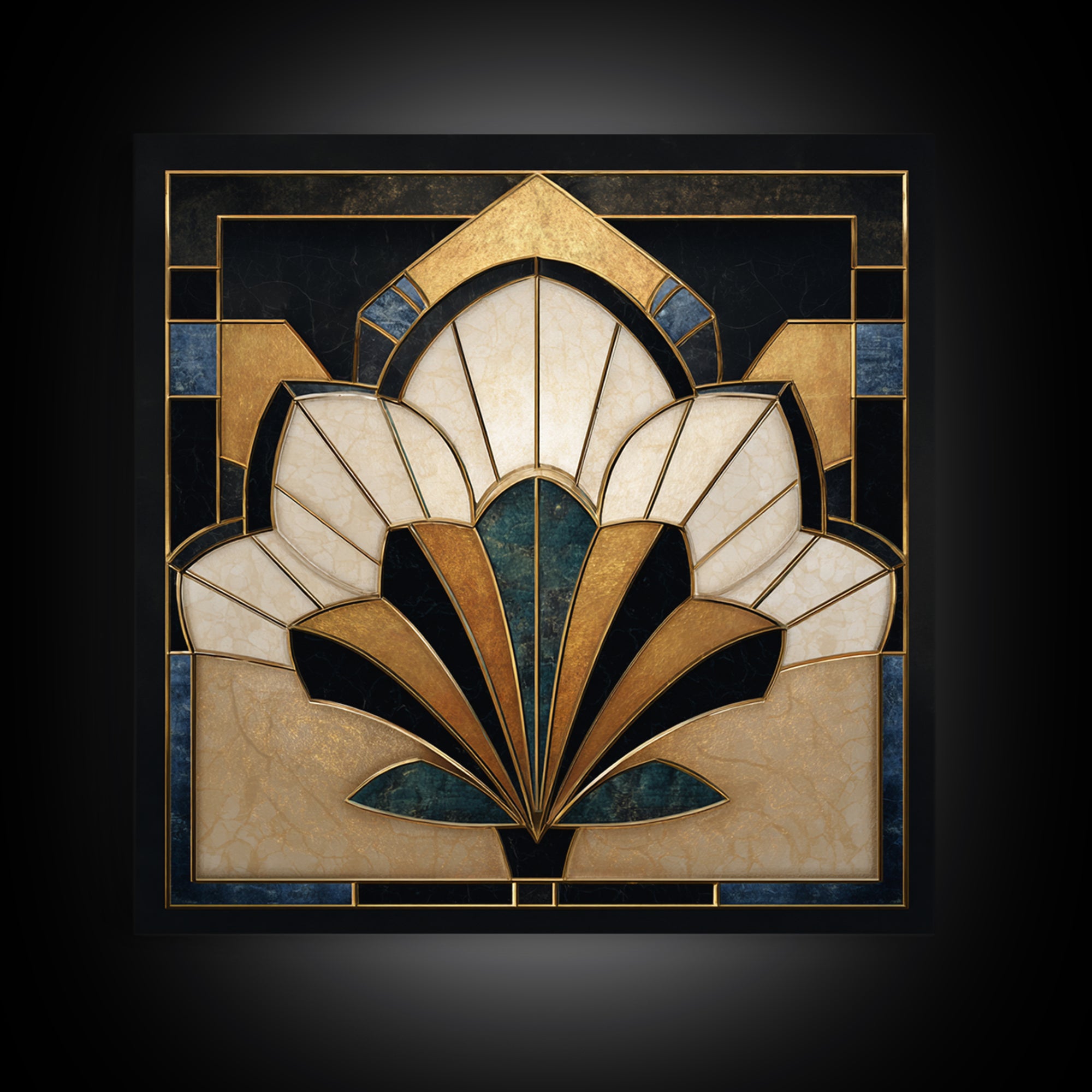 Geometric Lotus Flower Framed Canvas Print, Art Deco Art, Art, Living Room Decor, Oil Painting, Glamour, Art Nouveau, ADA-1x1-12
