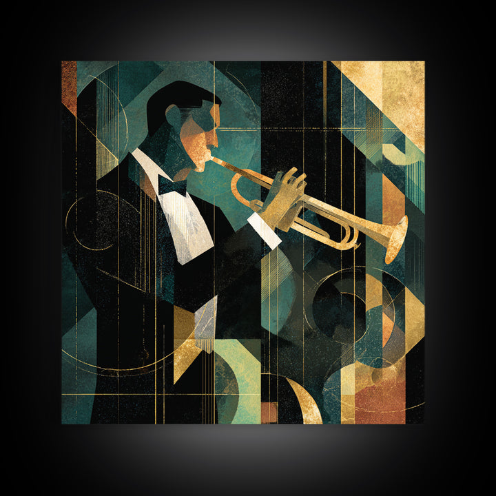 Jazz Trumpet Player Framed Canvas Print, Art Deco Art, Art Print, Living Room Decor, Oil Painting, Glamour, Printable Art, ADA-1x1-28