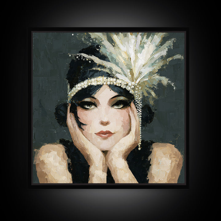 Flapper Portrait with Pearl Strands and Dramatic Framed Canvas Print, Art Deco Art, Gallery Decor, Living Room Decor, Glamour, ADA-1x1-38