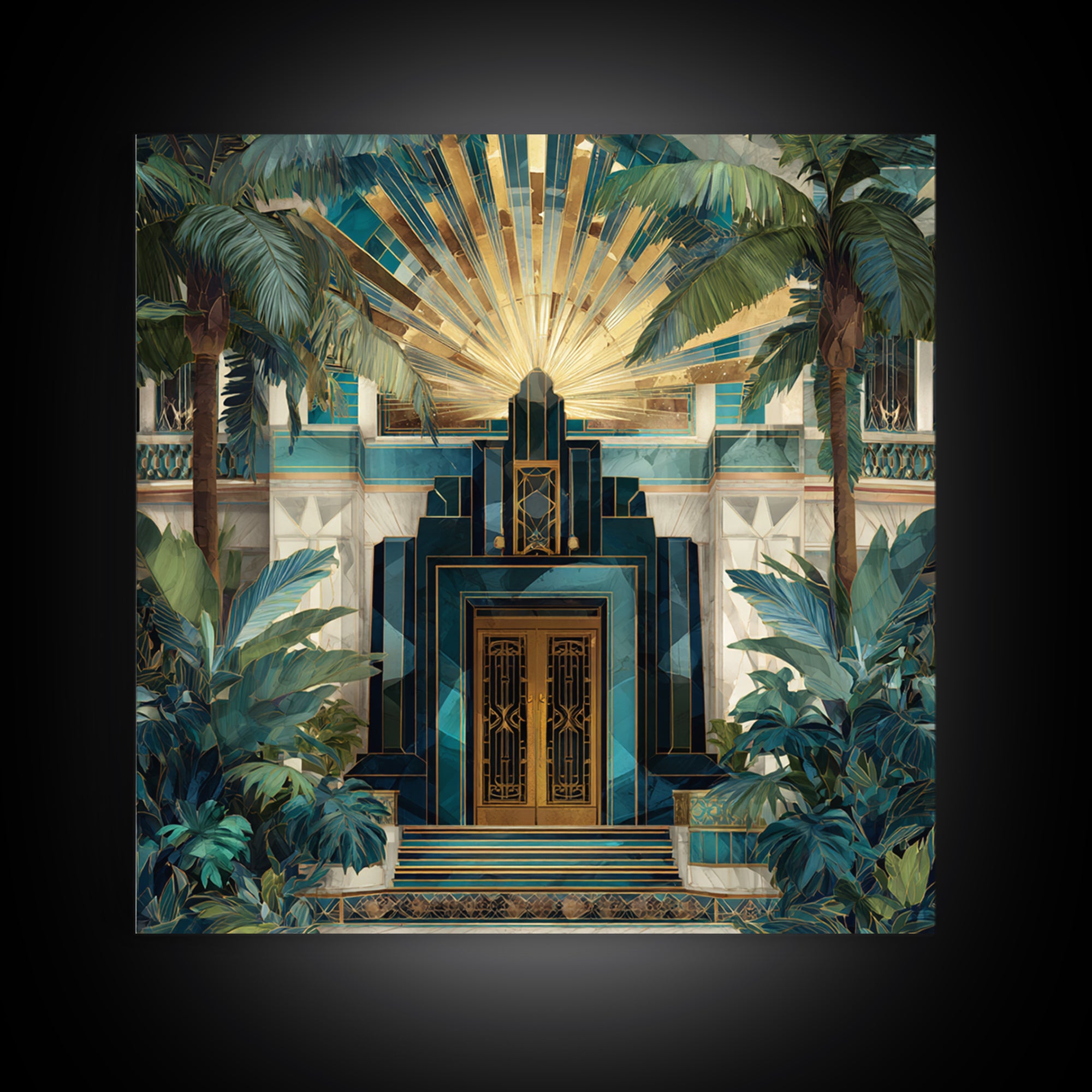 Tropical Hotel Facade Framed Canvas Print, Art Deco Art, Room Decor, Living Room Decor, Fine Art, Glamour, Digital Art, ADA-1x1-40