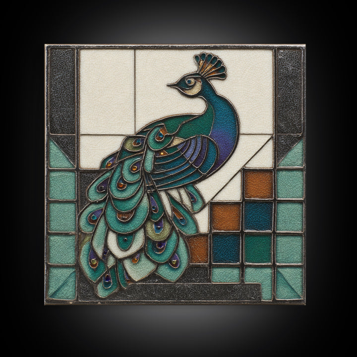 Sleek Peacock with Jeweled Feathers and Stepped Canvas Print, Art Deco Art, Blue Wallpaper, Living Room Decor, Glamour, ADA-1x1-51