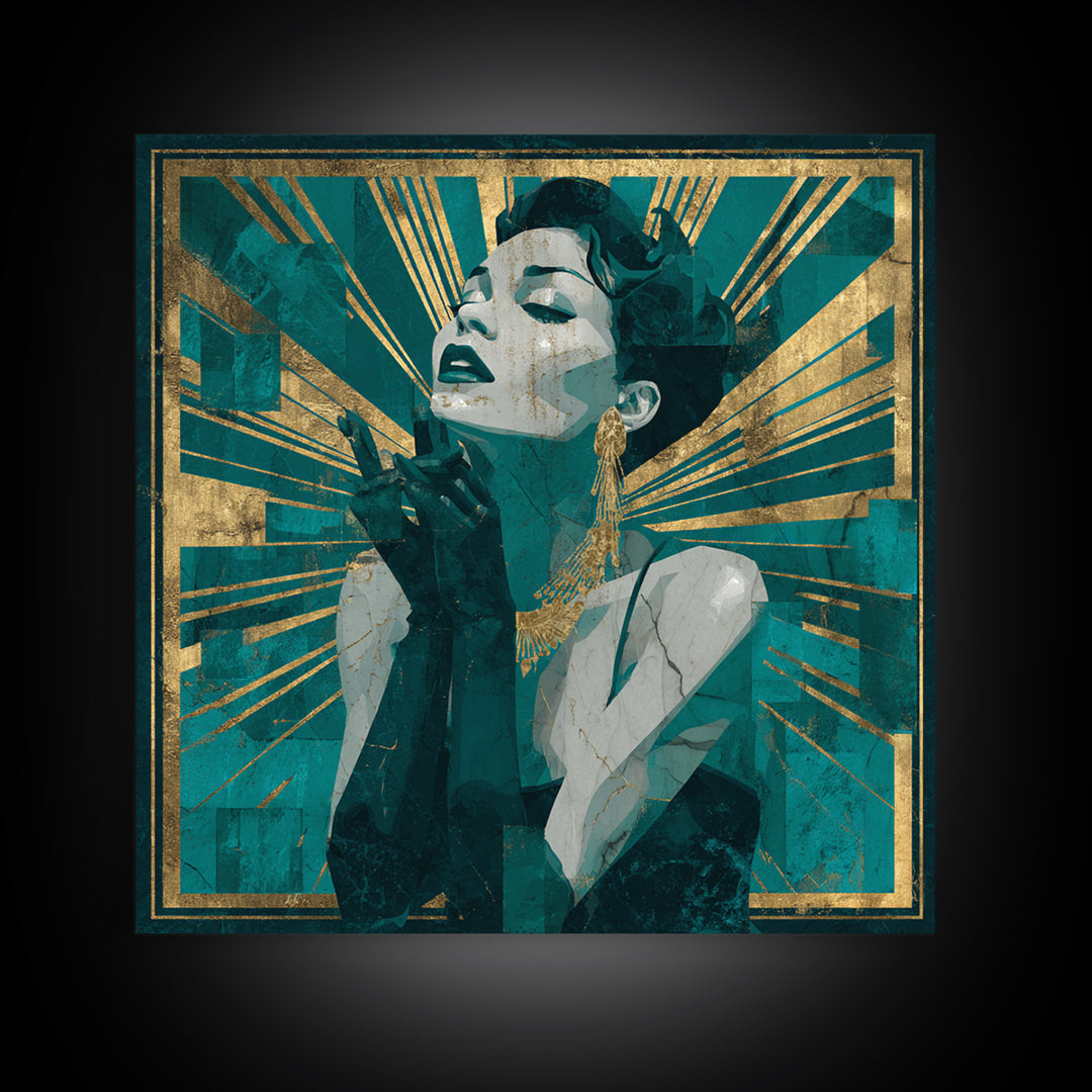 Moonlit Jazz Singer Framed by Gold Lines Canvas Print, Art Deco Art, Fine Art Print, Living Room Decor, Abstract Art, Glamour, ADA-1x1-95