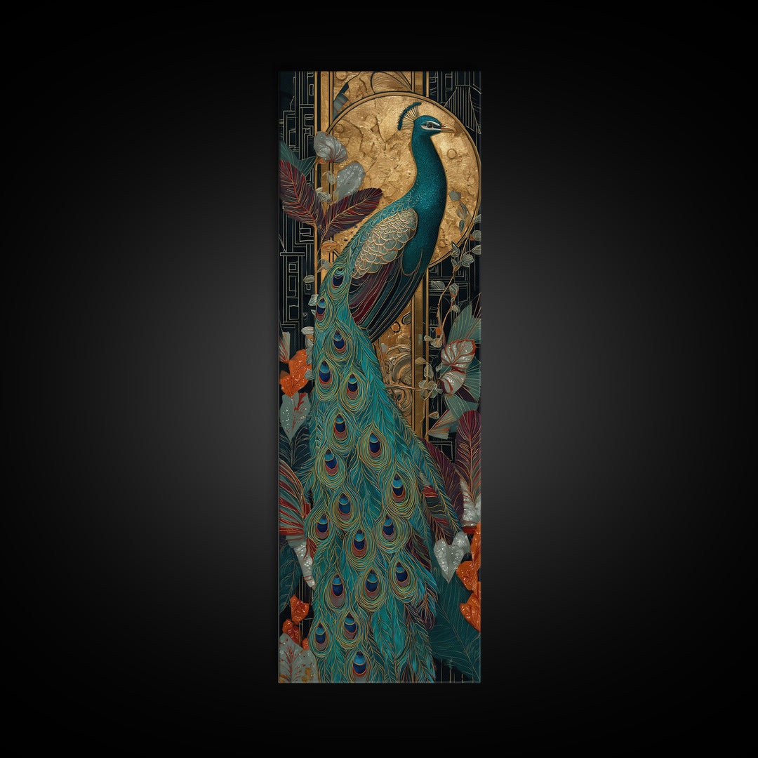 Emerald Peacock Feather Pattern Framed Canvas Print, Art Deco Art, Art Prints, Living Room Decor, Glamour, Apartment Decor, ADA-1x3-36