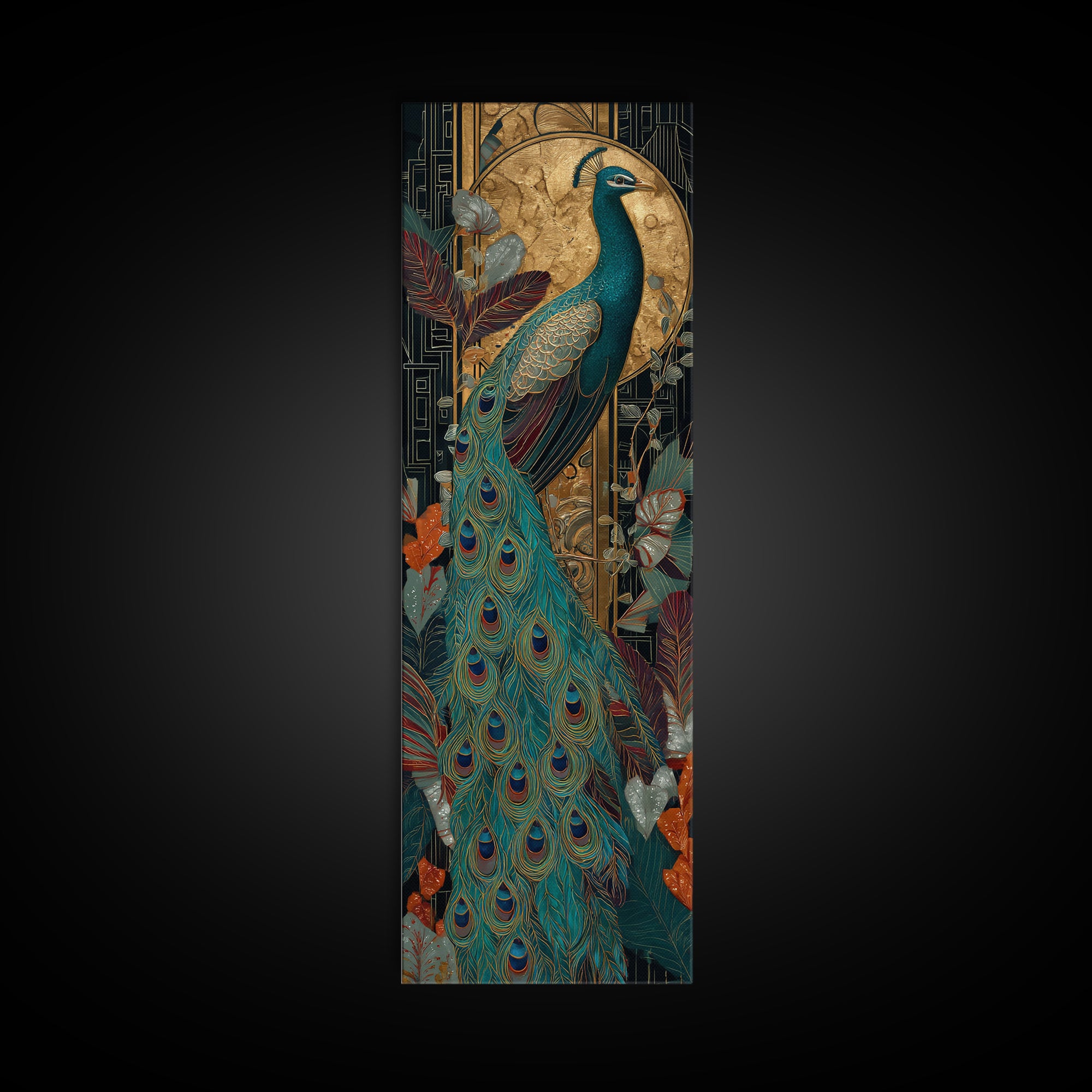 Emerald Peacock Feather Pattern Framed Canvas Print, Art Deco Art, Art Prints, Living Room Decor, Glamour, Apartment Decor, ADA-1x3-36