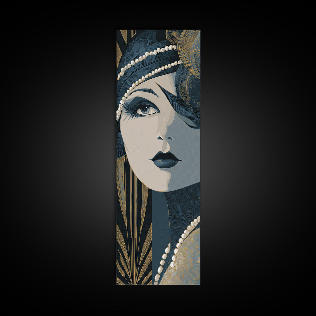 Flapper Portrait with Pearl Strands and Dramatic Canvas Print, Art Deco Art, Fine Art Print, Living Room Decor, Glamour, ADA-1x3-50