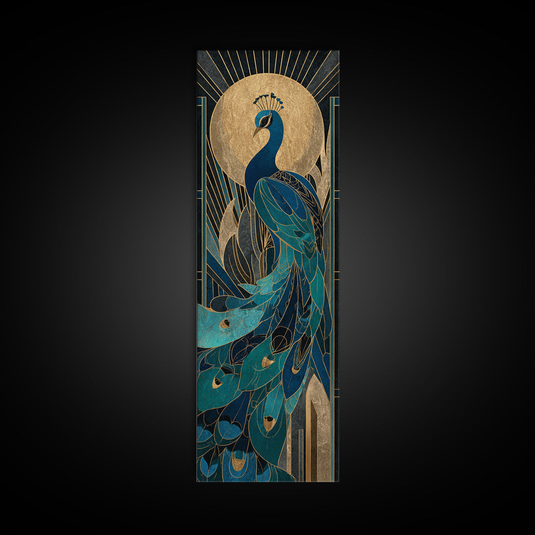 Sleek Peacock with Jeweled Feathers and Stepped Canvas Print, Art Deco Art, Blue Wallpaper, Living Room Decor, Abstract Art, ADA-1x3-63
