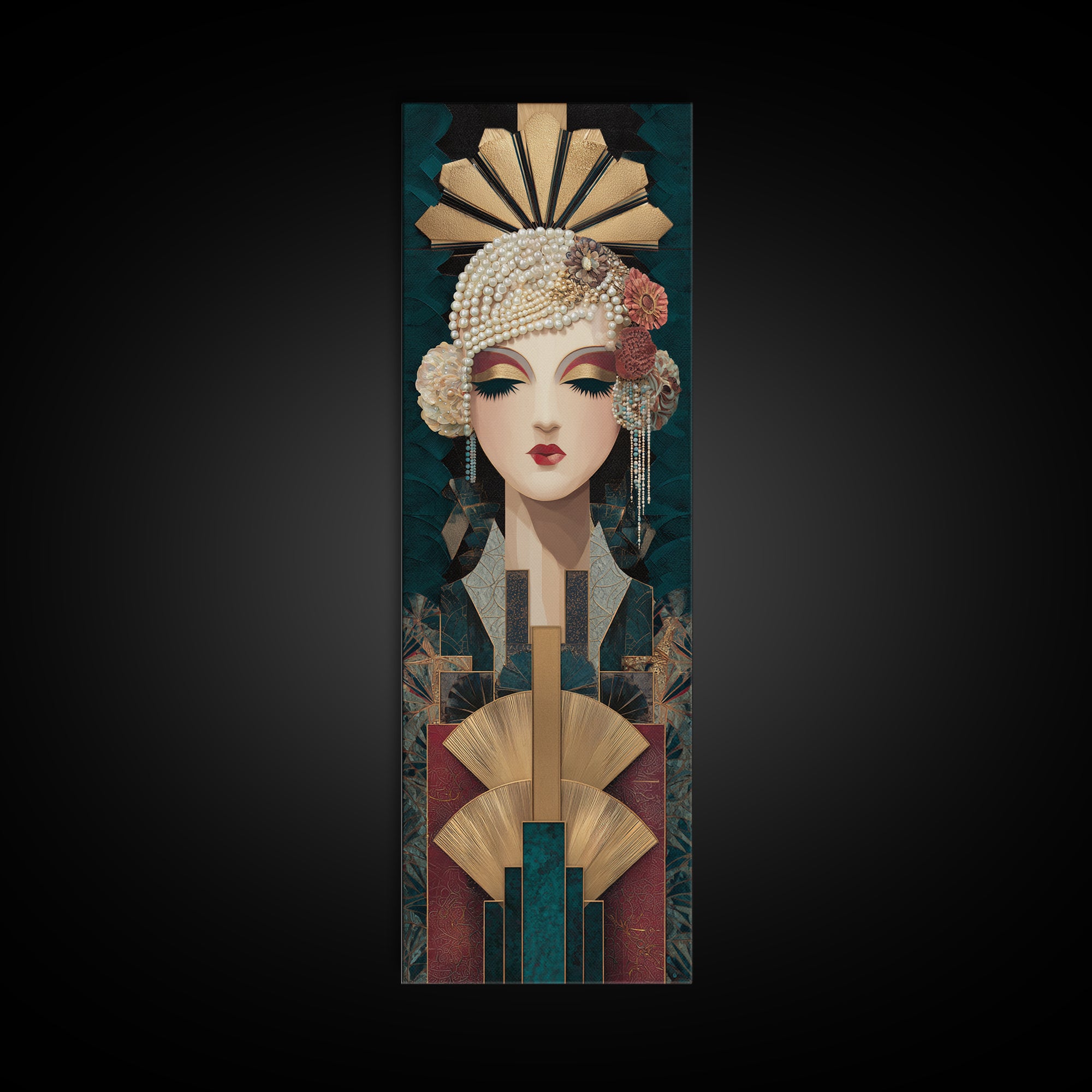Flapper Portrait with Pearl Strands and Dramatic Canvas Print, Art Deco Art, Fine Art Print, Living Room Decor, Glamour, ADA-1x3-74