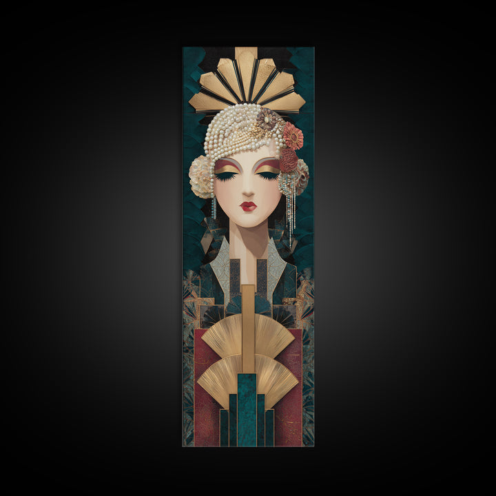 Flapper Portrait with Pearl Strands and Dramatic Canvas Print, Art Deco Art, Fine Art Print, Living Room Decor, Glamour, ADA-1x3-74