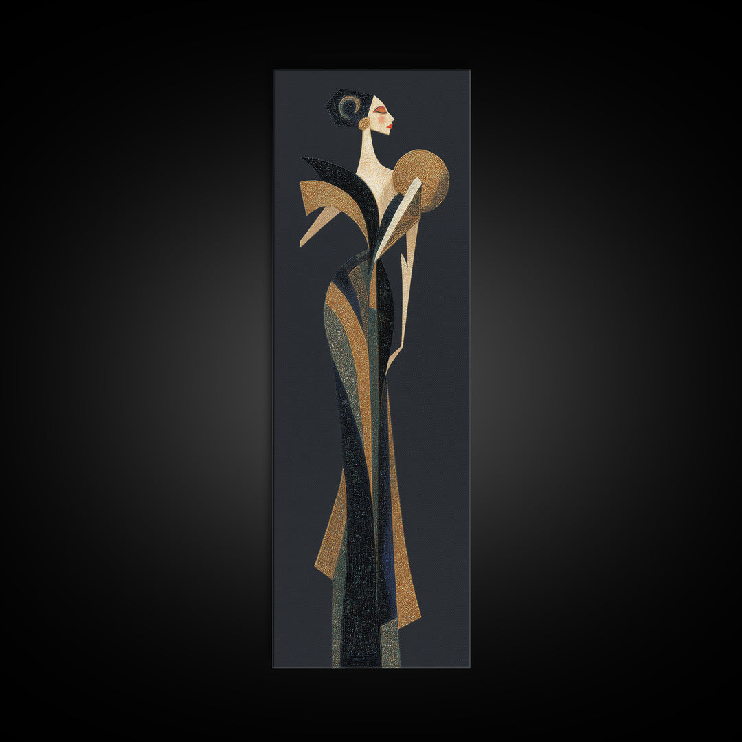 Deco Dancer in Beaded Dress and Angular Framed Canvas Print, Art Deco Art, Boho Decor, Living Room Decor, Oil Painting, Glamour, ADA-1x3-91