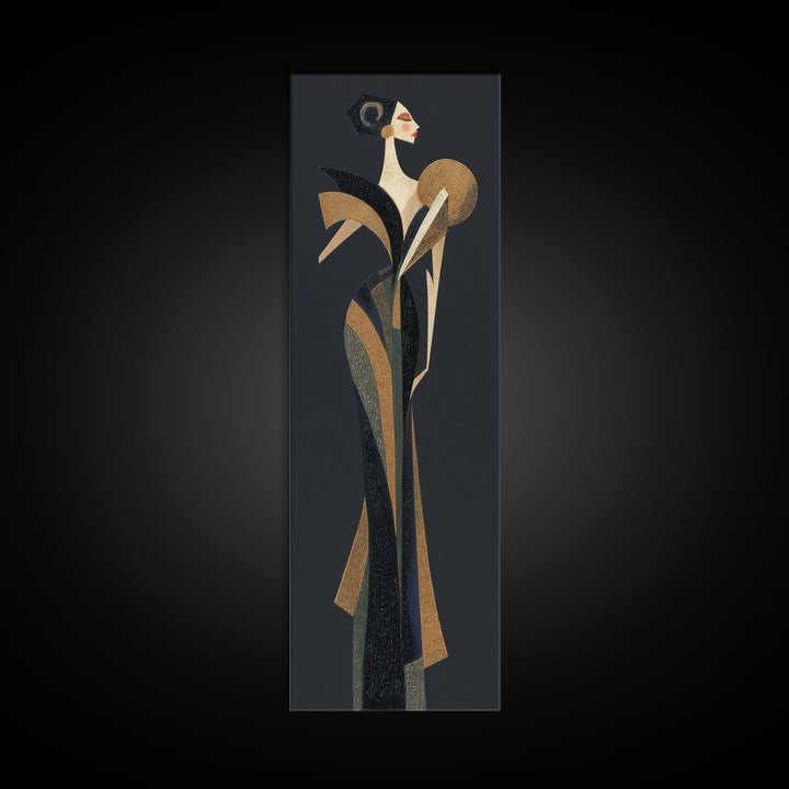 Deco Dancer in Beaded Dress and Angular Framed Canvas Print, Art Deco Art, Boho Decor, Living Room Decor, Oil Painting, Glamour, ADA-1x3-91