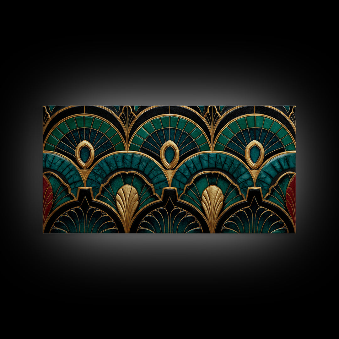 Emerald Peacock Feather Pattern Framed Canvas Print, Art Deco Art, Statement Artwork, Living Room Decor, Fine Art, Glamour, ADA-2x1-20