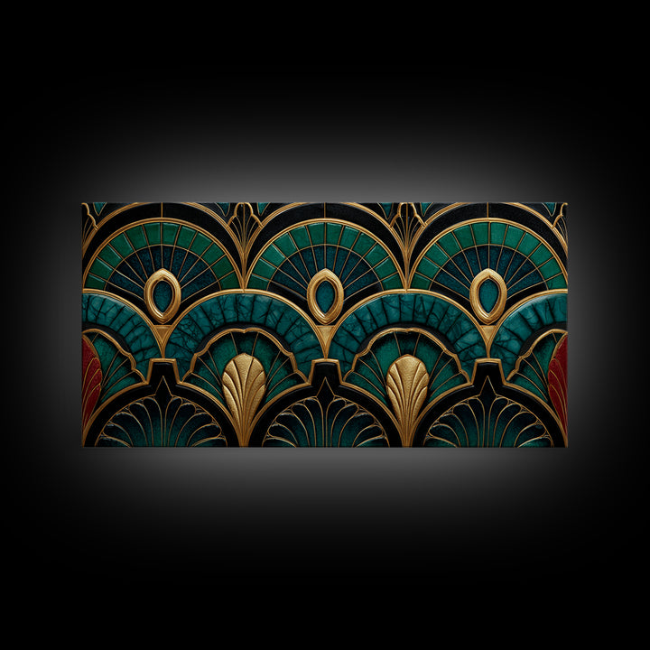 Emerald Peacock Feather Pattern Framed Canvas Print, Art Deco Art, Statement Artwork, Living Room Decor, Fine Art, Glamour, ADA-2x1-20