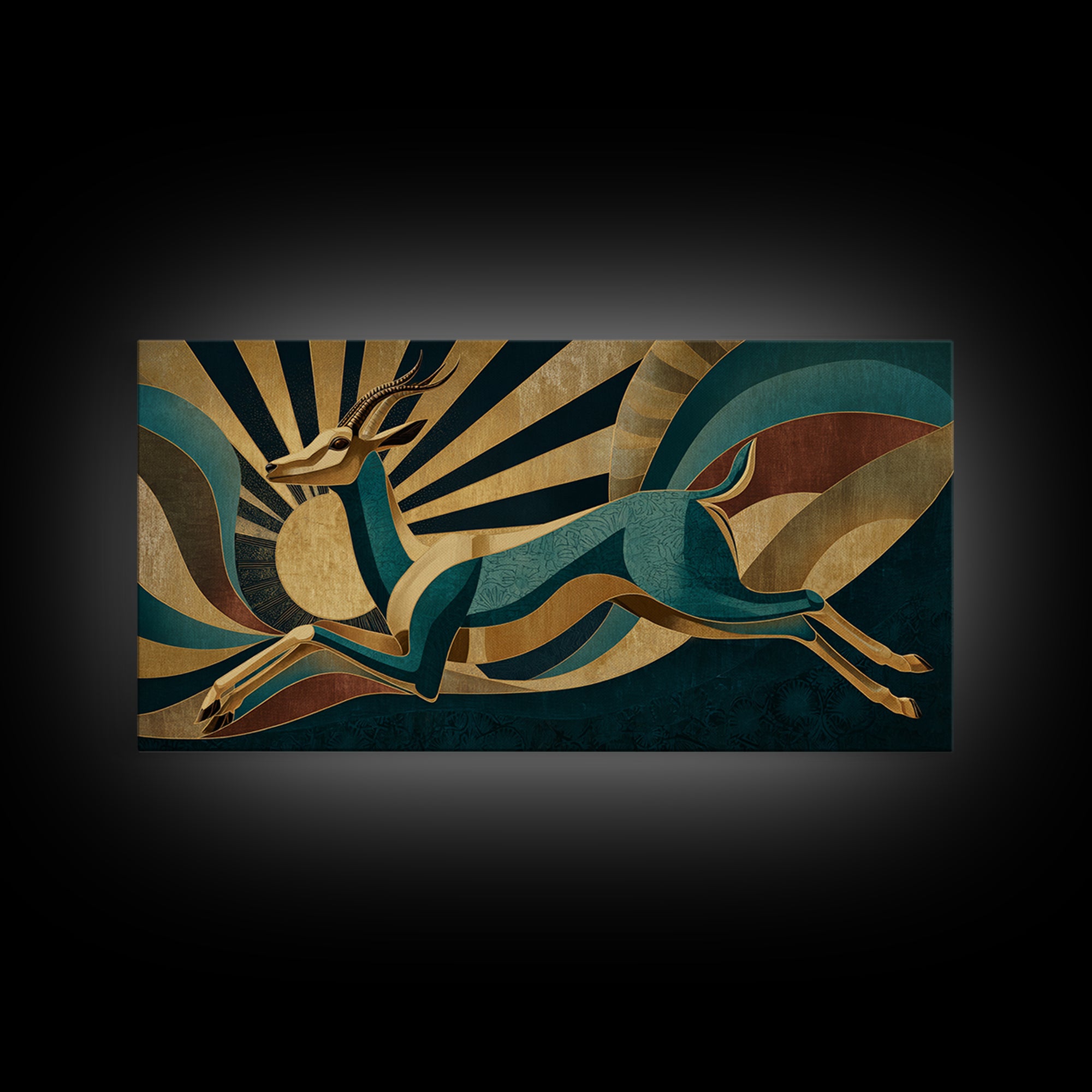 Stylized Gazelle Leaping Through Gold Rays Framed Canvas Print, Art Deco Art, Wall Decor, Living Room Decor, Fine Art, Glamour, ADA-2x1-33