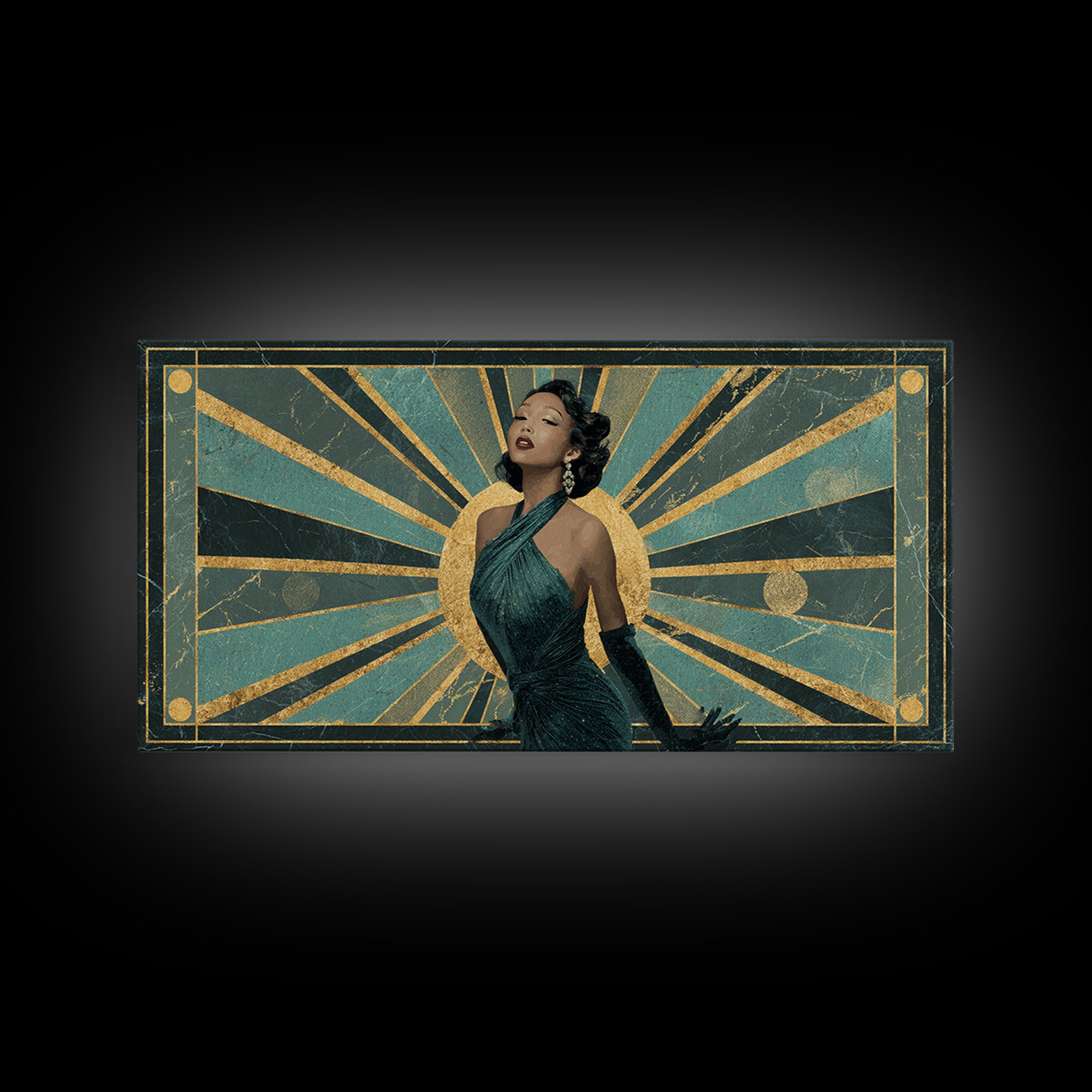Moonlit Jazz Singer Framed by Gold Lines Framed Canvas Print, Art Deco Art, Digital Art, Living Room Decor, Fine Art, Glamour, ADA-2x1-43
