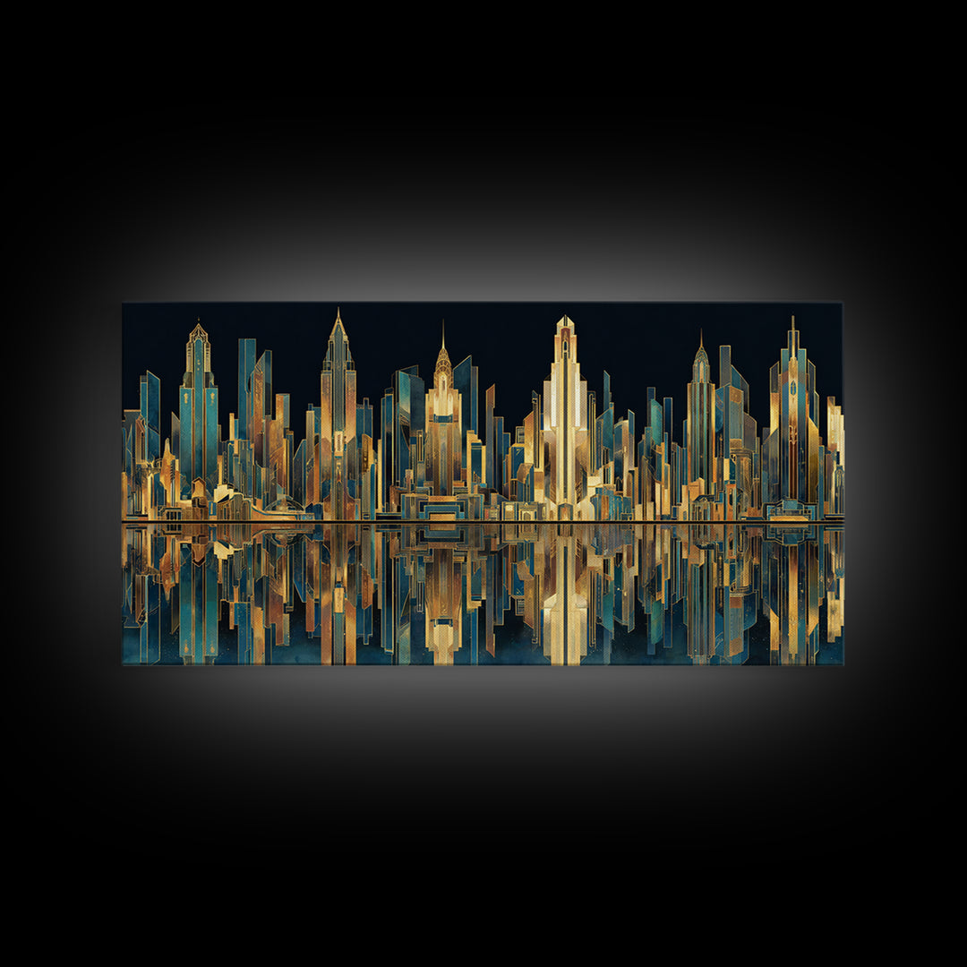 Stylized City Skyline Framed Canvas Print, Art Deco Art, Art, Living Room Decor, Fine Art, Glamour, Art Nouveau, Abstract Art, ADA-2x1-50