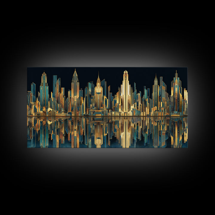 Stylized City Skyline Framed Canvas Print, Art Deco Art, Art, Living Room Decor, Fine Art, Glamour, Art Nouveau, Abstract Art, ADA-2x1-50